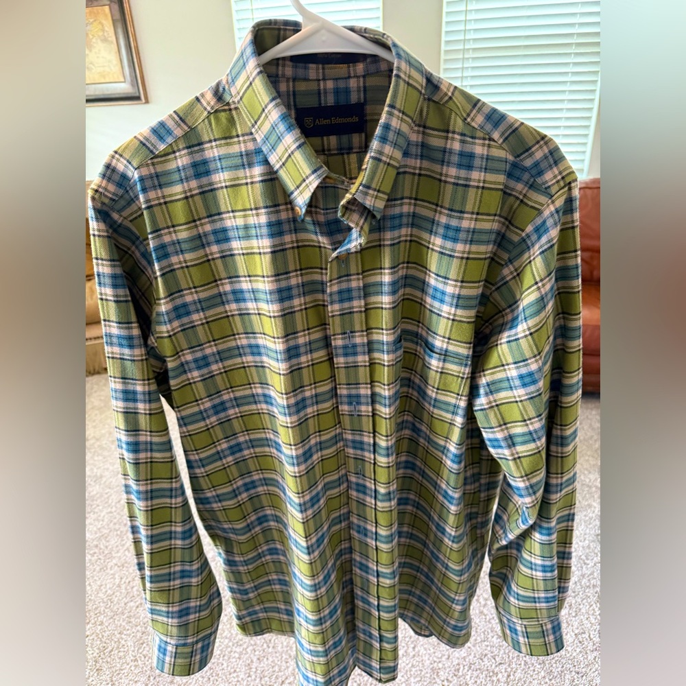 Allen Edmonds Green and Blue Plaid Men's Shirt, Size Medium